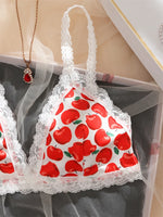Women's Cute Apple Print Lingerie Set Wireless Triange Bra&Thong 2 PCS Bralette Sets Sweet Fruit Pattern Intimate Lace Underwear