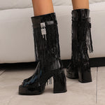 Plus Size Women White Patent Leather Fringe Tassel Mid Calf Boots Peep Toe Platform Block Heel Open Toe Party Club Heels