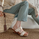 Vintage Braided Belt Buckle Open Toe Wedges Women's Summer New Square-toed High-heeled Slippers