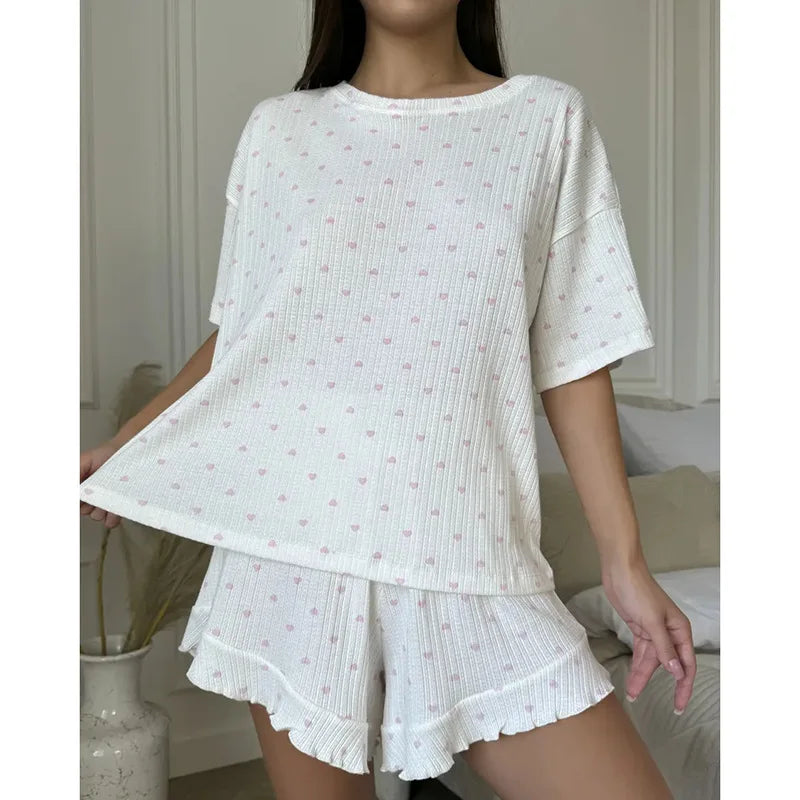 2026 New Women's Pajama Set Summer Comfortable Breathable Casual Printed Short Sleeve Shorts Home Clothes Sports Set Hot Selling
