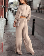 Women's 2 Piece Lounge Set Satin Outfits Fall Casual Long Puff Sleeve Crop Tops Loose Wide Long Pants
