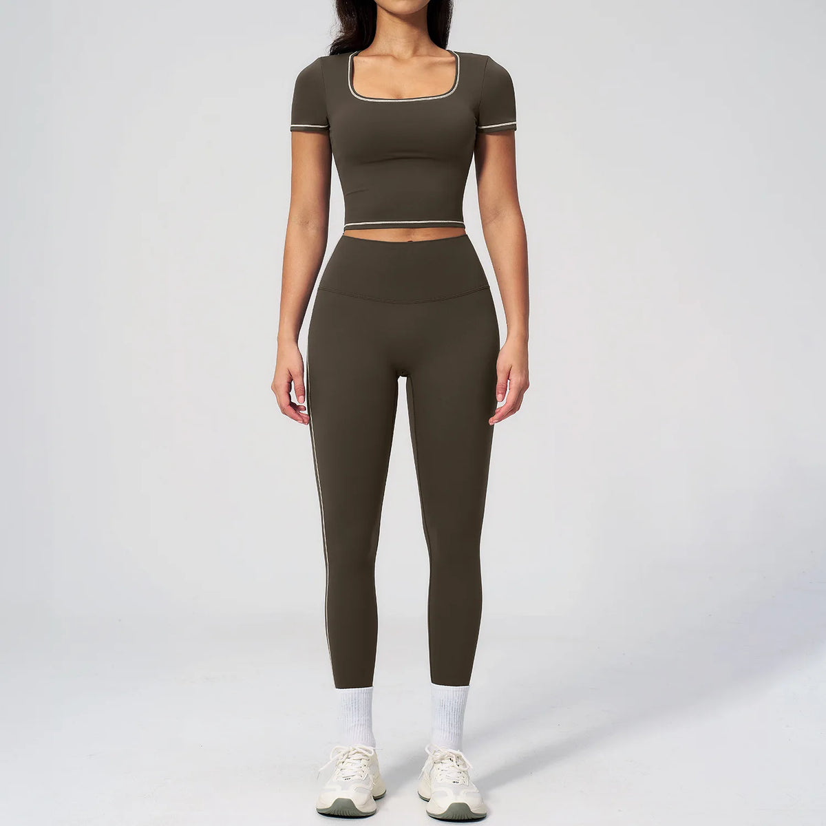 2PC Color Contrast Yoga Suit Women Short Sleeve Square Collar Slim Sports Top Fitness Suits Outdoor Exercise Leggings Tracksuit