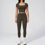 2PC Color Contrast Yoga Suit Women Short Sleeve Square Collar Slim Sports Top Fitness Suits Outdoor Exercise Leggings Tracksuit