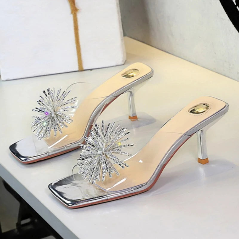 BIGTREE New Crystal Slippers Shoes Women Fine High Heels Transparent Sandals Female Slippers Sexy Outside Beaded Beach Shoes