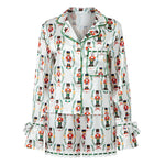 Womens Satin Christmas Pajamas Sets Print Button Up Long Sleeve Lapel V Neck Tops and Shorts Lounge Wear 2 Pieces Suits