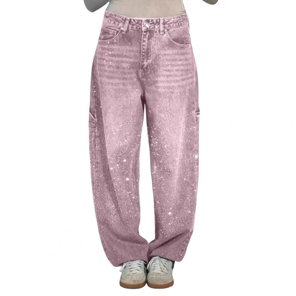 Women's Straight Leg Denim Pants High Waisted Baggy Wide Leg Bling Jeans Casual Sparkly Harem Jeans for Streetwear