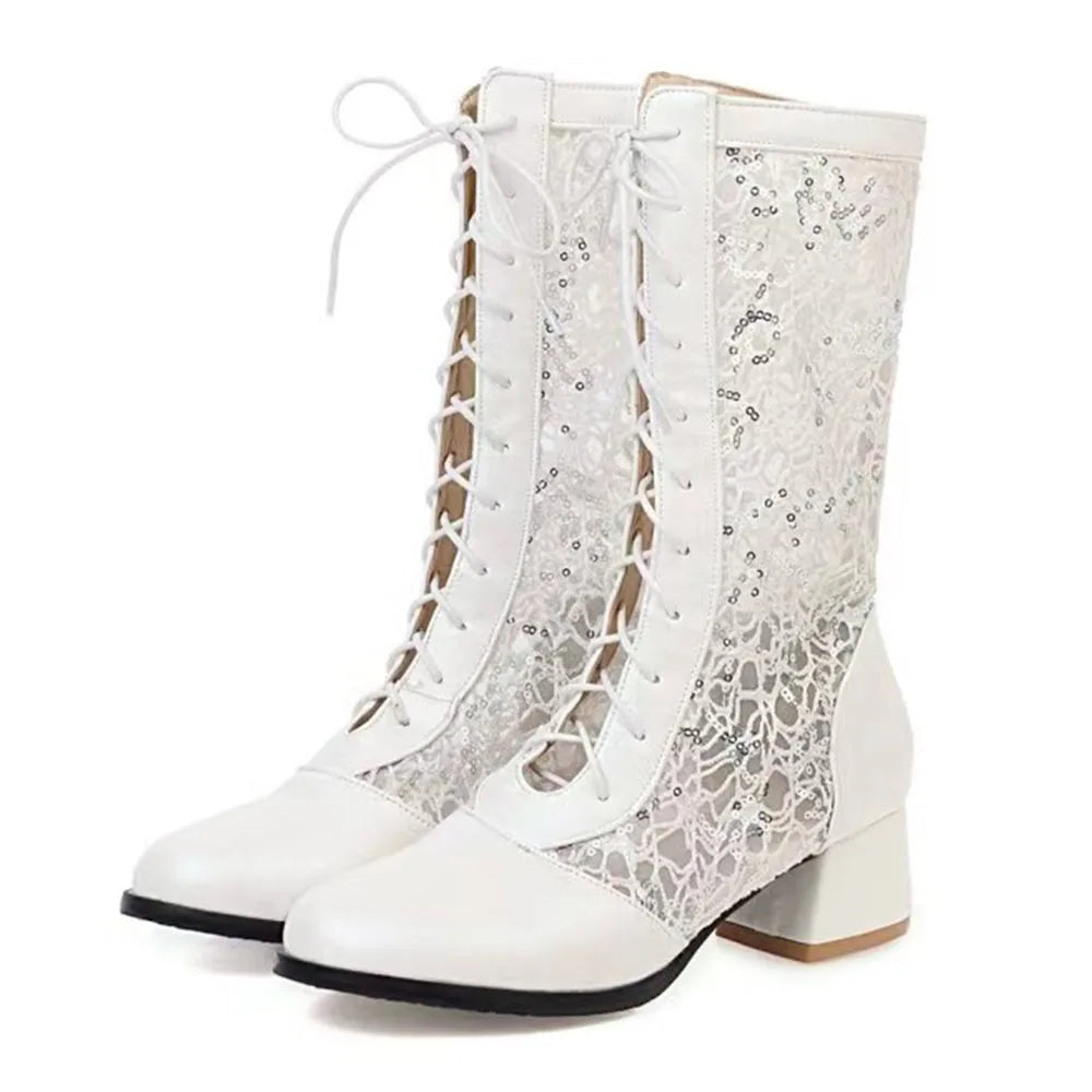 New Arrivals Big Size 43 Fashion White Lace Summer Boots Women Chic Black Square Med Heels Lace-up Mid-calf Boots Wedding Shoes