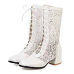 New Arrivals Big Size 43 Fashion White Lace Summer Boots Women Chic Black Square Med Heels Lace-up Mid-calf Boots Wedding Shoes