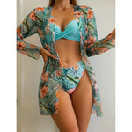 2025 Three Pieces Bikini Set Cover Up Swimwear Women Swimsuit Print Long Sleeve Push Up Bathing Suit Beachwear Swimming Biquini