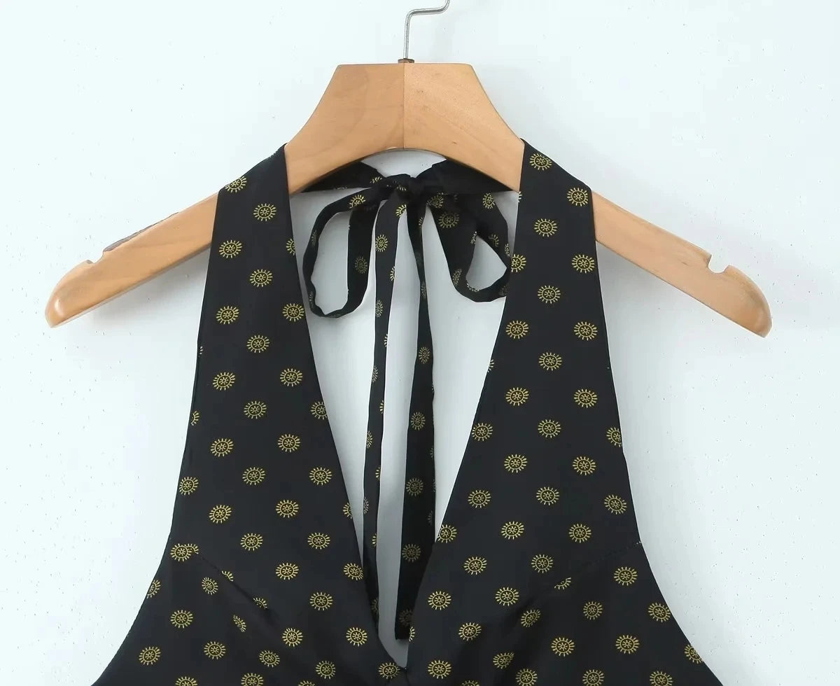 V Neck French Style Summer Women Dress Printed Boho Short Black Beach Dress Party Vintage Backless Tie Up Sexy Halter Dress 2025