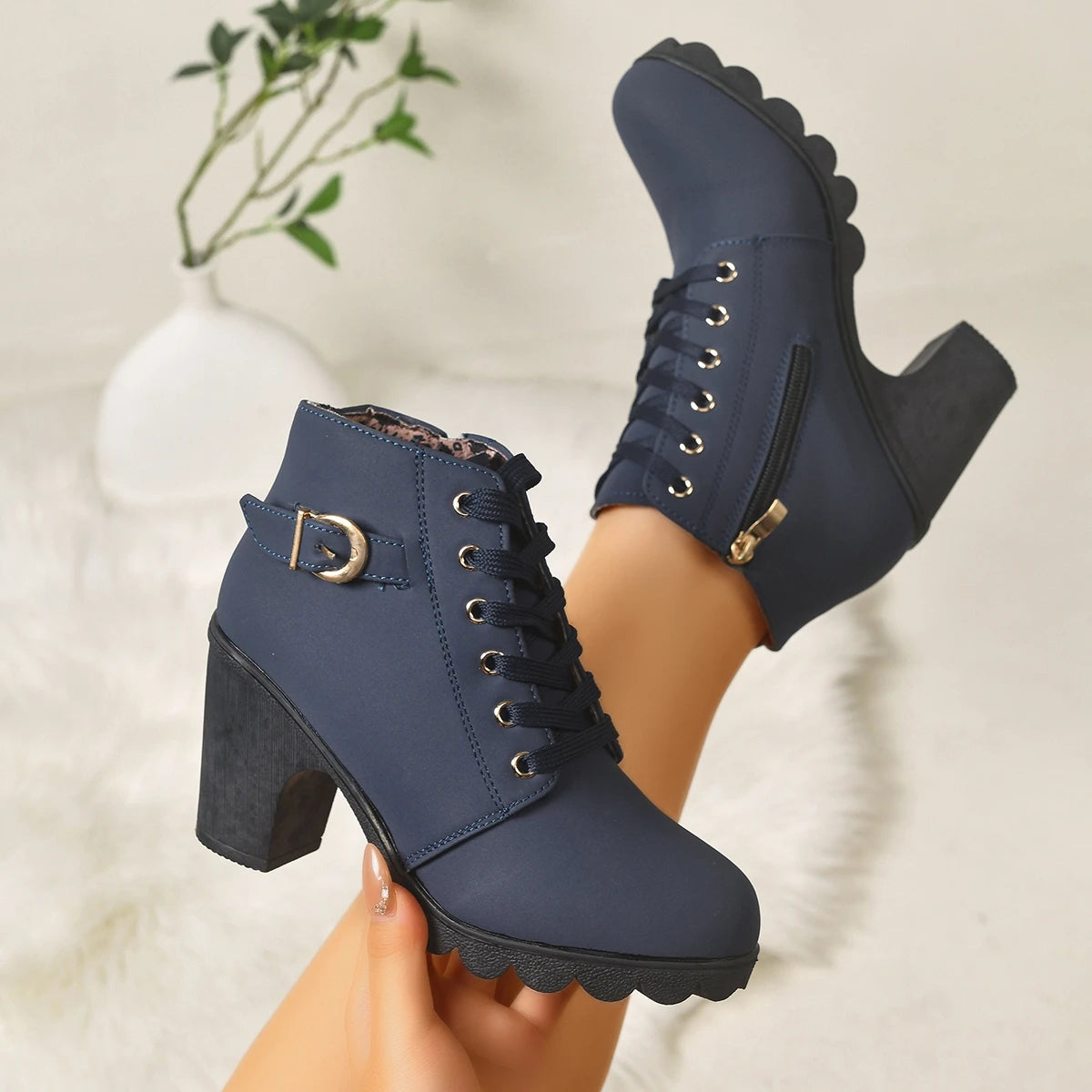Women Lace‑Up Ankle Boots Metal Buckle Decor Side Zipper Chunky Block Heel Lug Sole Combat Short Booties Fall Winter Large Size