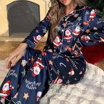 Women Satin Christmas Pajama Set Santa Snowflake Print Button Down Long Sleeve Top & Long Pants 2PCS Silk Sleepwear Loungewear