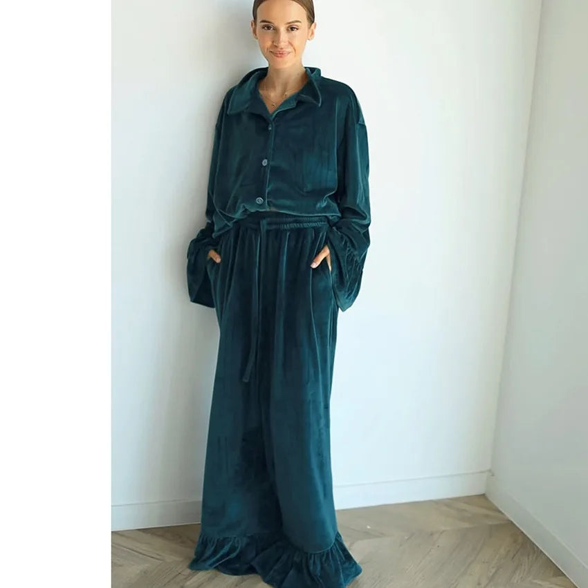 Women 2026 Autumn Winter Knit Korean Velvet Pajama Set Ruffle Long Sleeve Pants Two Piece Warm Ladies Homewear Sleepwear