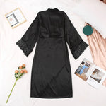 Sexy Women's Silk Satin Long Bathrobe Romance Lace Edge Kimono Robe Nightdress Nightgown Nightwear Sleepwear Home Clothes Female