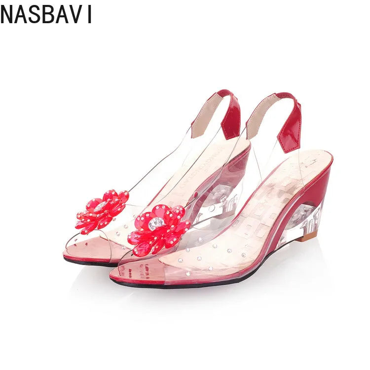 NASBAVI New Fashion Flower Transparent Sandals Wedge Women Shoes Large Size Sandals Women Size 34-43