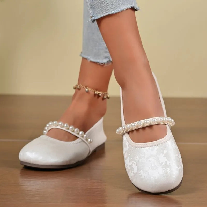 Slip-on Round Toe Pearl Women's Flat Mary Jane Shoes Trend High Quality Fashion Korean Style Social Casual Ladies Footwear