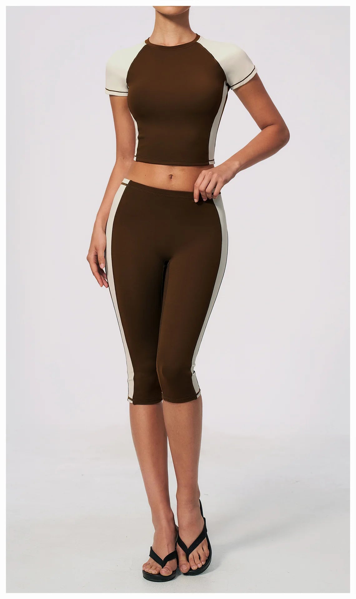 Color Blocking 2PCS Yoga Set Women's Tracksuit Short Sleeve O Neck Sports T Shirts High Waist Cropped Pants Tight Fitness Suits