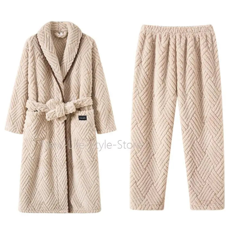 Men Women Jacquard Coral Fleece Bathrobe Autumn Winter Thick Warm Couple Sleepwear Soft Plush Loose Indoor Home Loungewear
