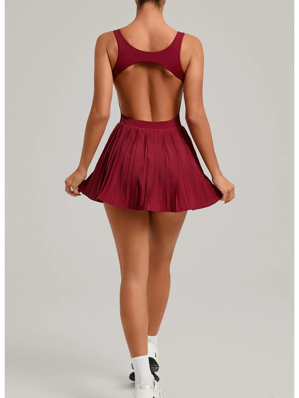 New Large Backless Tennis Dresses Women Solid Color Sleeveless Glare Pleated Yoga Skirt with Pocket Shorts Running Fitness Dress