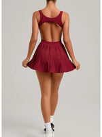 New Large Backless Tennis Dresses Women Solid Color Sleeveless Glare Pleated Yoga Skirt with Pocket Shorts Running Fitness Dress