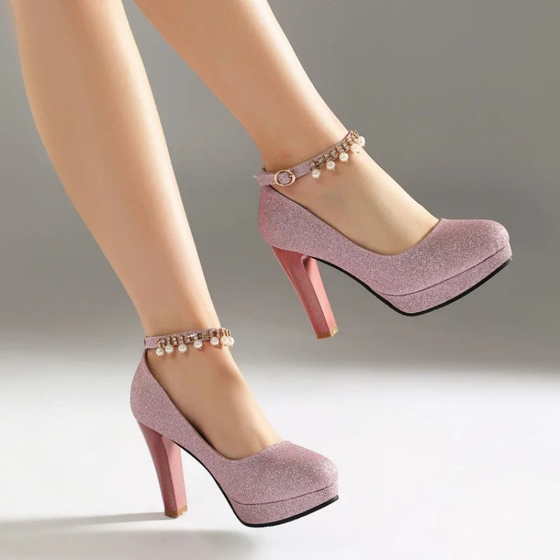 Elegant String Beads Women Wedding Shoes Bride Thin High Heels Gold Silver Pink 2026 Autumn Spring Plus Size 34-43 Lady