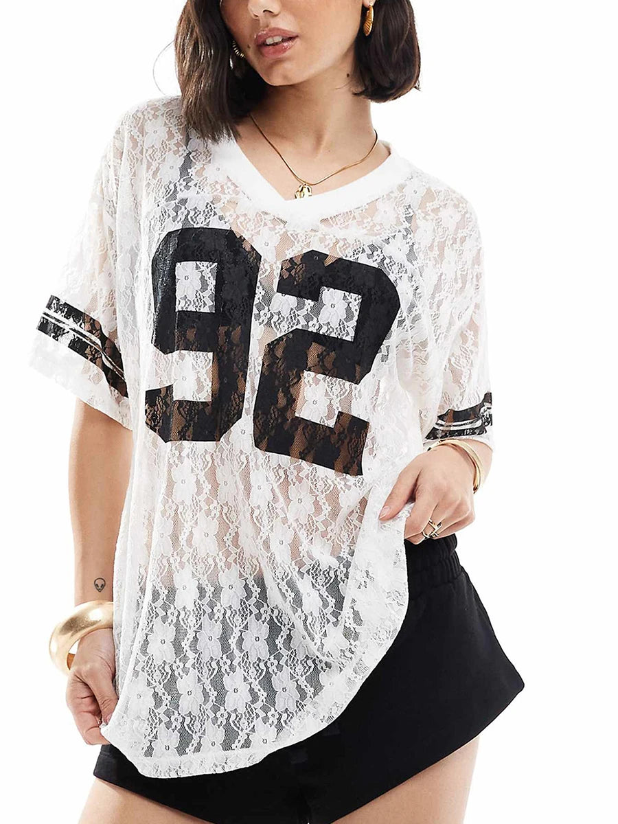 Women Summer Lace Football T-Shirt Casual Number Print See-Through V-Neck Short Sleeve Basic Tops for Streetwear
