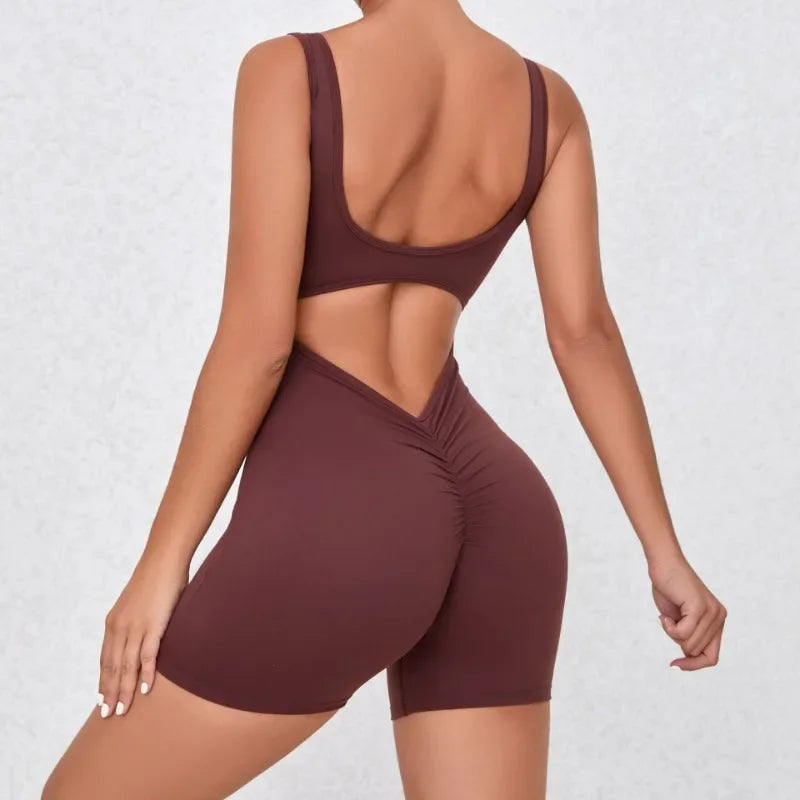 Women's Seamless Yoga Jumpsuit - Quick-Dry Nude Workout Suit with V-Neck & Sexy Back, Tight Fitness Wear for Running Gym Workout