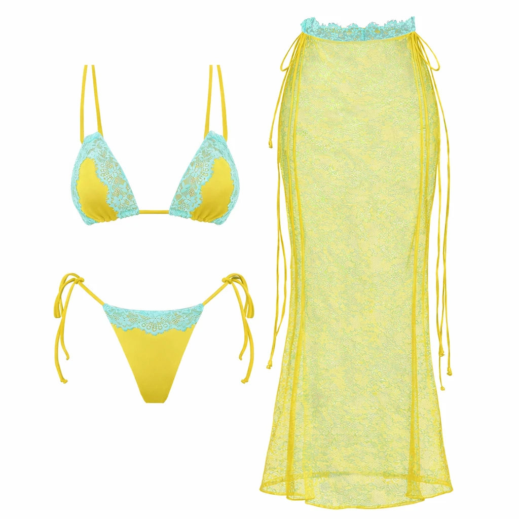 New 3Pcs Crochet Bikini Women Swimsuit Sexy Swimwear Halter Biquini Push Up Swim Suit Strappy Bodysuit Female Bathsuit Beachwear