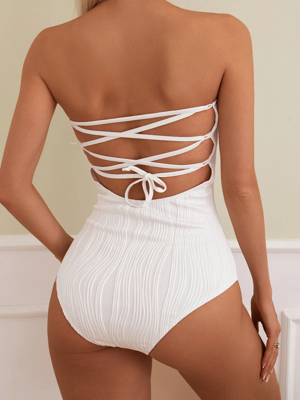 Sexy Bandeau Swimwear Women 2025 White Hollow Bandage Cross Drawstring One Piece Swimsuit Beach Bathing Suit Holiday Monokini