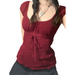 Women Summer Y2K Aesthetic Tops Lace Trim Cap Sleeve Low Cut Shirts Vintage Casual Sexy Tops and Blouses Female