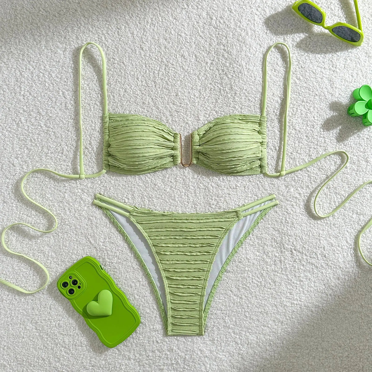 2026 Wrinkled U Ring Bandeau Bikini Women Swimwear Female Swimsuit Two-pieces Bikini Set Bather Pool Bathing Suit Swim Beachwear