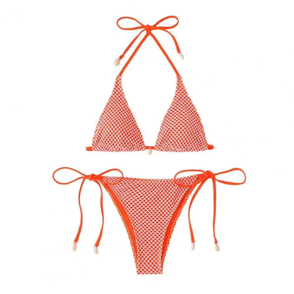 2Pcs/Set Women Bikini Set Chest Pad Push Up Halter Neck Bra Adjustable Side Straps Swimming Briefs Set Lady Mesh Summer Swimwear
