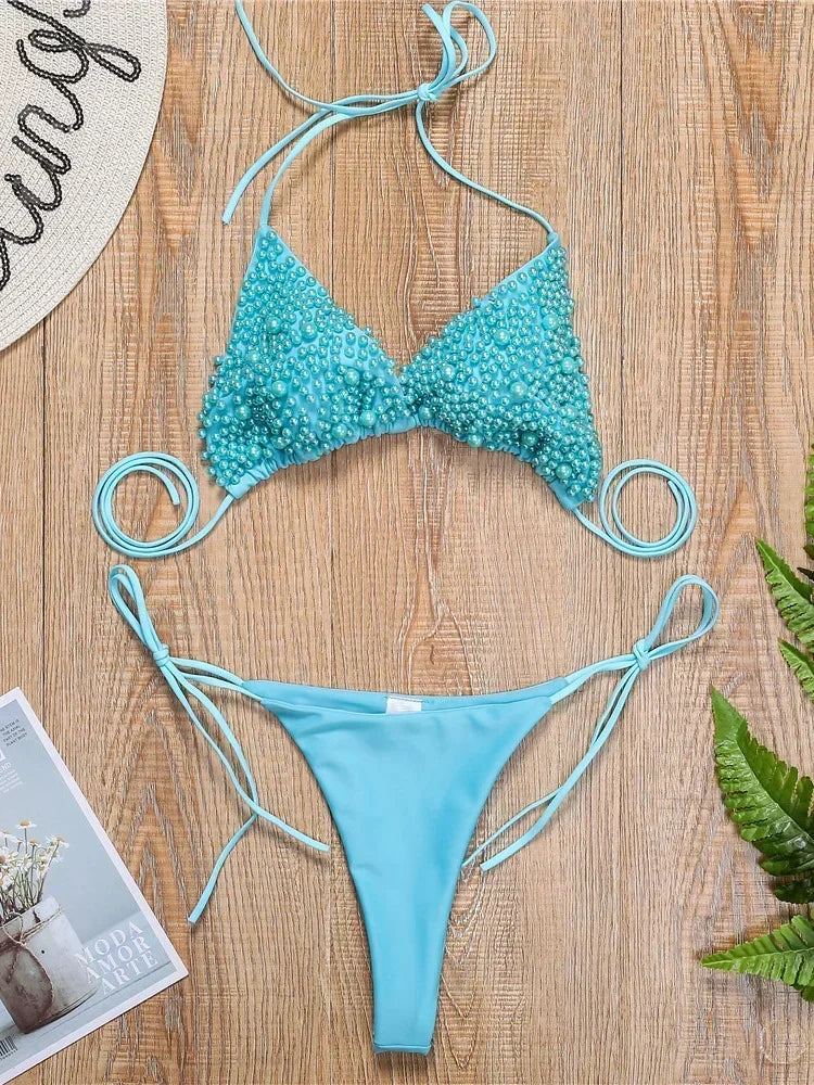 S - XL Halter Luxury Pearls Bikini Women Swimsuit Female Swimwear Two-pieces Bikini Set Mini Micro Bather Bathing Suit Swim Lady