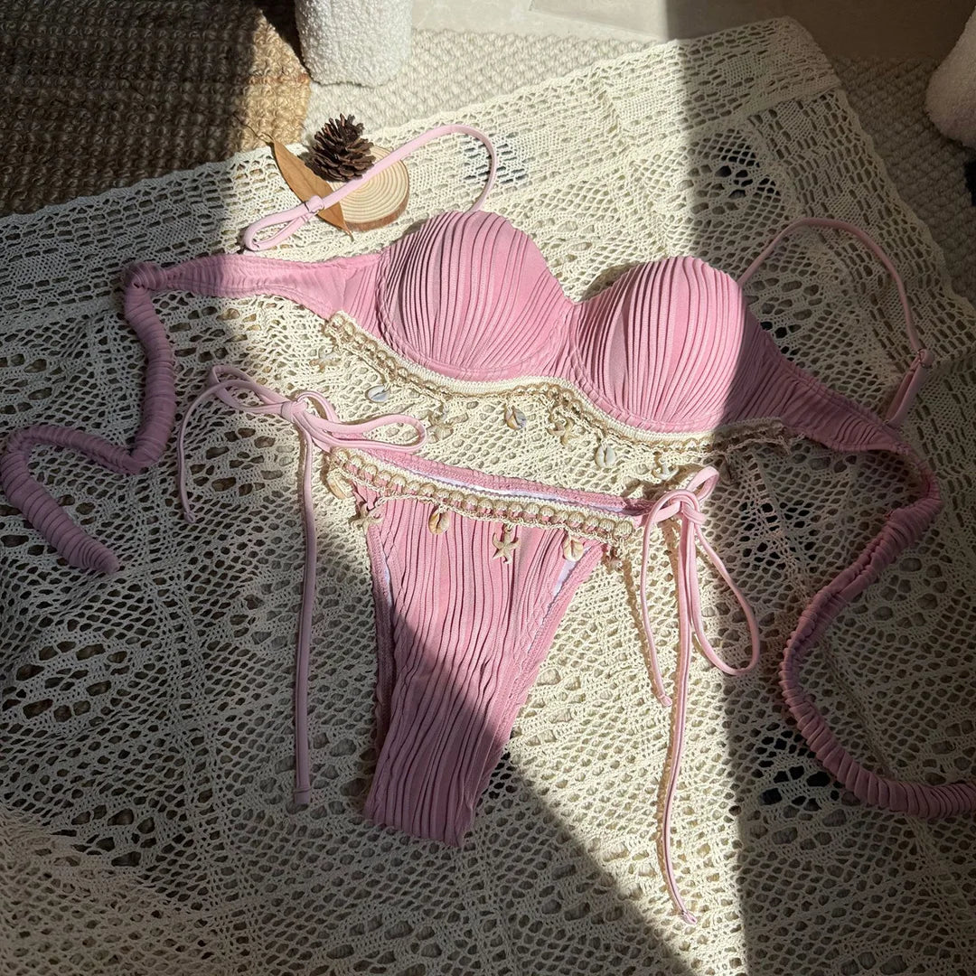 New Shell Scalloped Ribbed Underwired Bikini Female Swimsuit Women Swimwear Two-Pieces Bikini Set Bather Bathing Suit Swim V6498