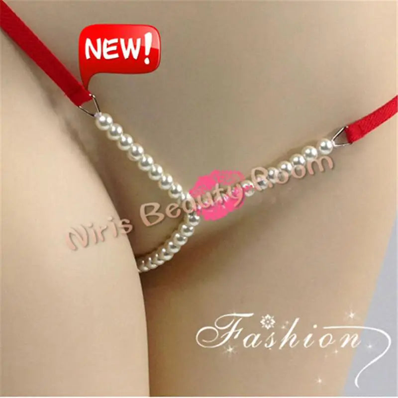 DEKA Elastic Crotchless High quality Real Pearl Thongs Women Low-Rise Hollow Sexy G-string Female Erotic Panties Underwear