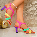 Big Size 43 Rainbow Color 7cm High Heel T-Strap Sandals Women Shoes Slingback Kitten Heels Festival Neon Vacation Dress Heels