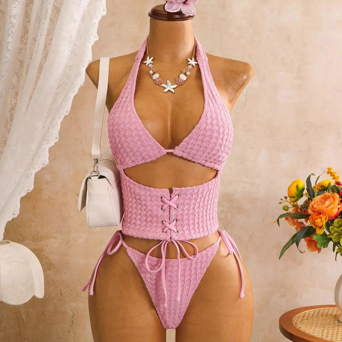 DEKA Vintage Pink Plaid Print Bikini Set Women Bandage Cross Fishbone Top 3 Piece Swimsuit Beach Holiday Bathing Suit Swimwear