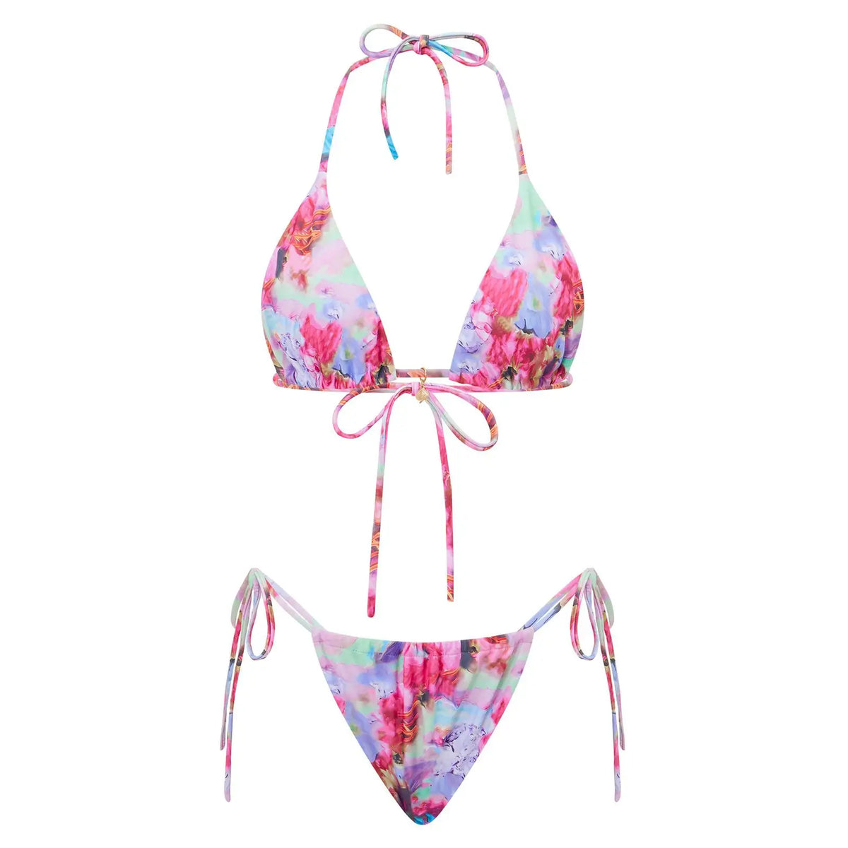 Combhasaki Women's Y2K Goth 2Pieces Tie-up Bathing Suits Sleeveless Halter Neck Backless Floral Bra + Low Waist Thong Swimsuits