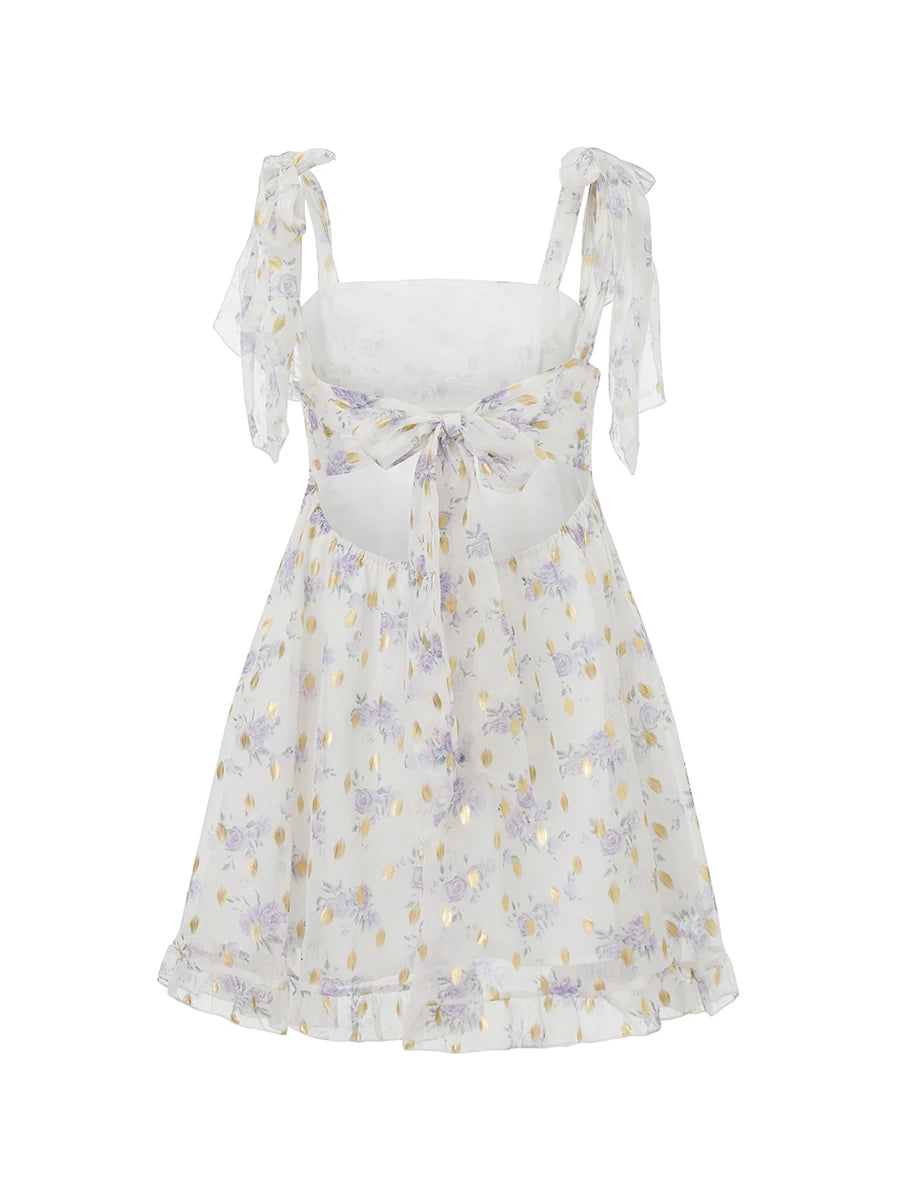 Women Sleeveless Mini Dress Summer Tie-up Straps Floral Print Backless A-Line Dress for Party Beach Streetwear