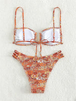 Sexy Pleate Micro Bikini Women U Neck Push Up Orange Floral Print Micro Swimsuit 2025 Summer Bathing Suit Lace Up Thong Swimwear