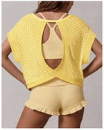 Summer Back Hollow Out Yoga T Shirts Women Polka Dot Print Short Sleeve Loose Sports Cover Up Breathable Training Fitness Tops