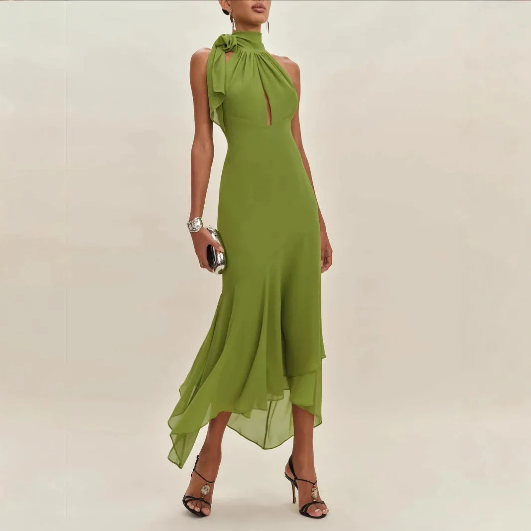 Temperament Halter Neck Long Dresses Women Green Backless Leace-up Irregular Package Hip Party Dress Elegant Banquet Vestidos