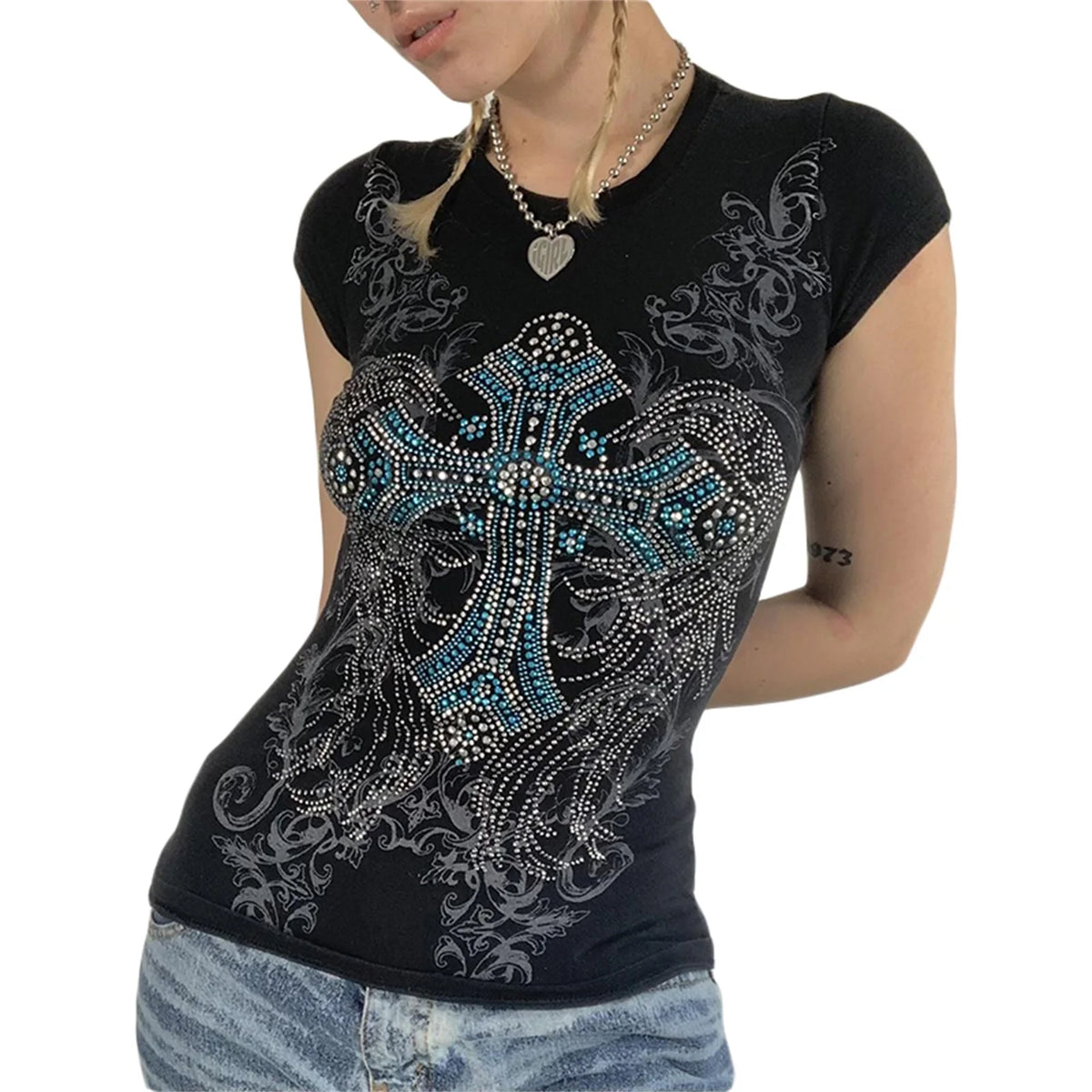 Women Summer T-shirt Rhinestone Retro Print Short Sleeve Round Neck Slim Fit Tee Tops Gothic Punk Shirts