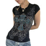 Women Summer T-shirt Rhinestone Retro Print Short Sleeve Round Neck Slim Fit Tee Tops Gothic Punk Shirts