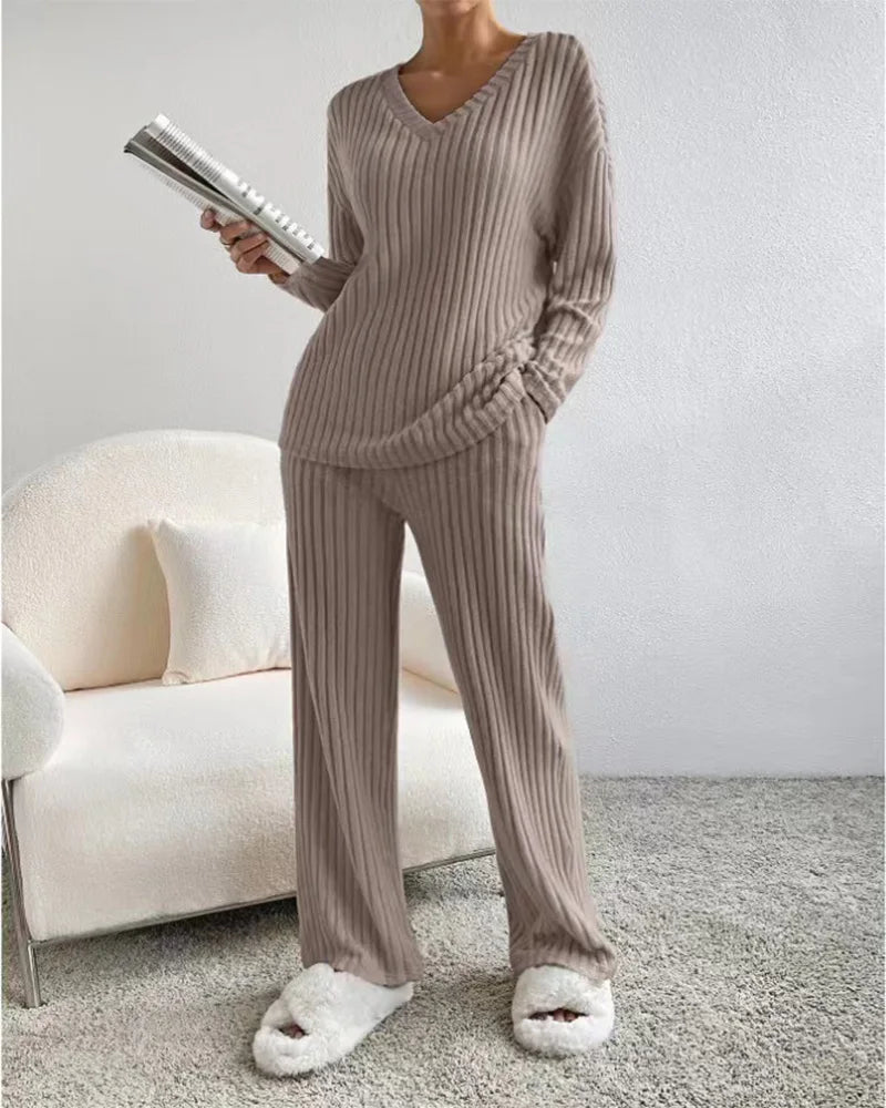 Autumn Winter Ribbed Knit Two Piece Set Womens V Neck Long Sleeve Top Wide Leg Pants Loungewear Casual Solid Color Outfit