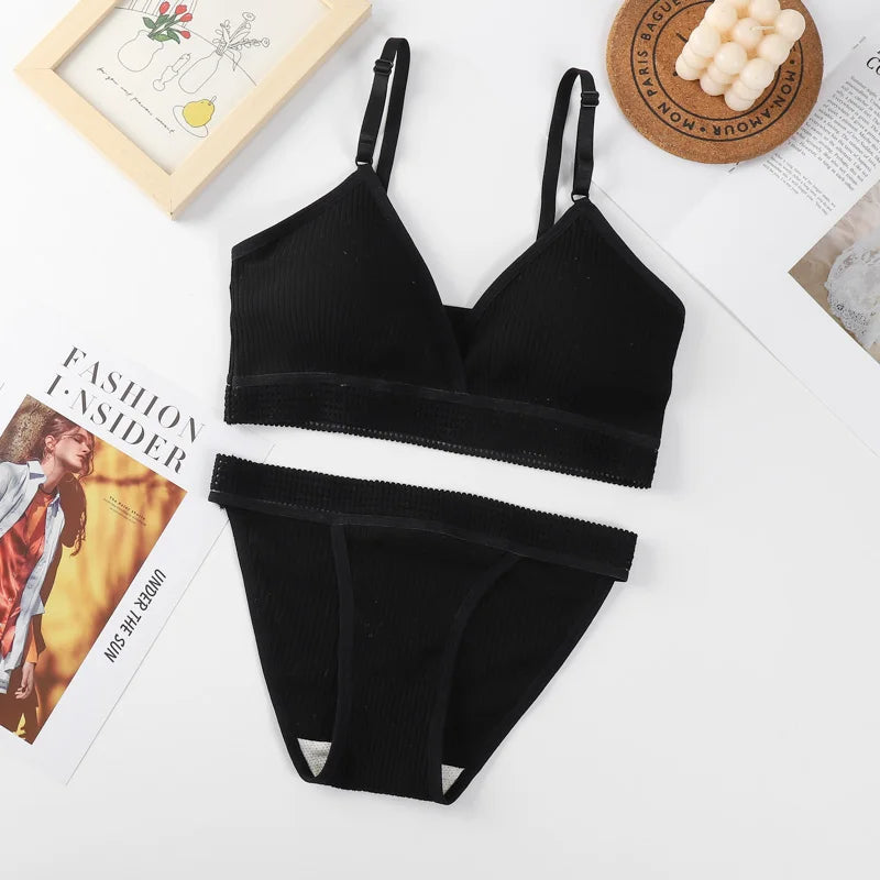 Women Sexy V-neck Padded Bra Lingerie Set Push-Up Bras Low Rise Briefs Non-wire Bralette Brazilian Panties Female Underwear Set