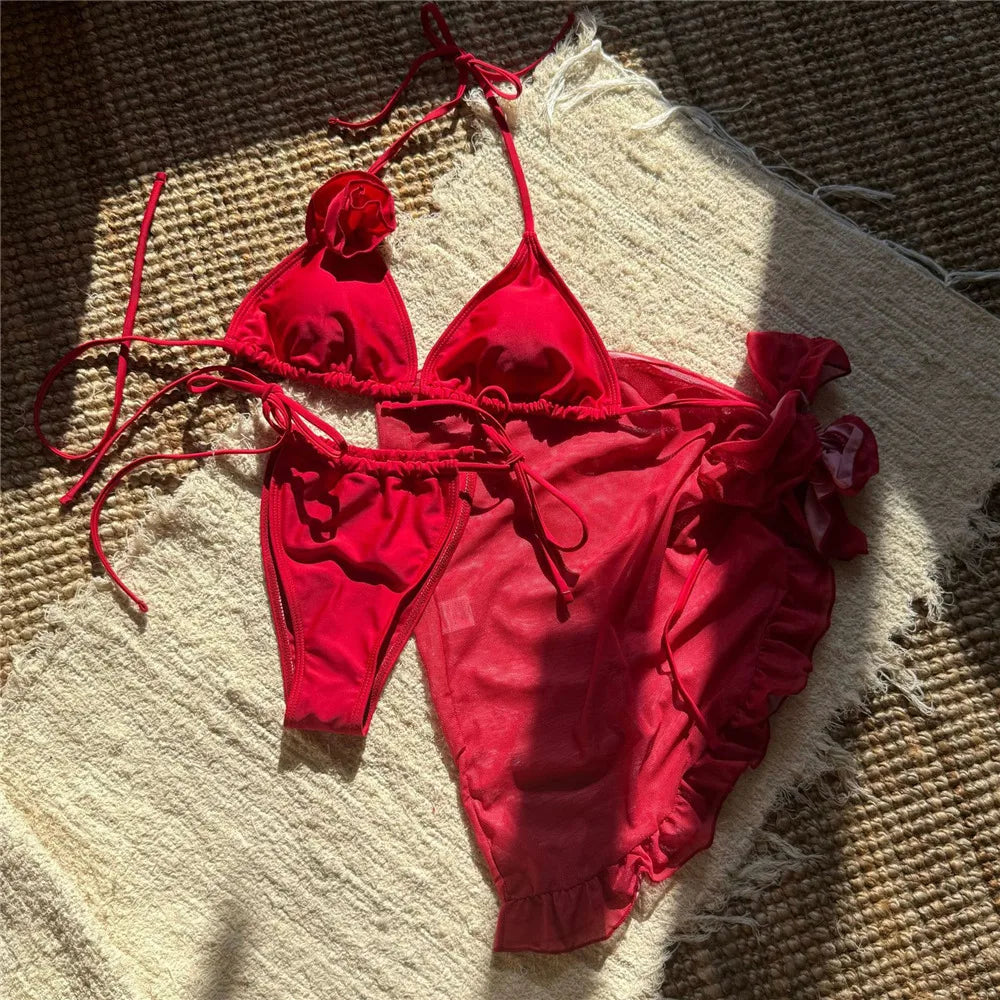 Sexy 3D Flower String Halter Bikinis 2025 Women Swimsuit Cover Ups Lace-up Thong Swimwear Beach Wear Bather 3 Piece Bikini Set