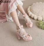 Girls Lace Strap Women 9cm High Heels Mary Jane Pumps Party Wedding Dress Princess Lolita Shoes Blue White Ankle Sandals 33-46