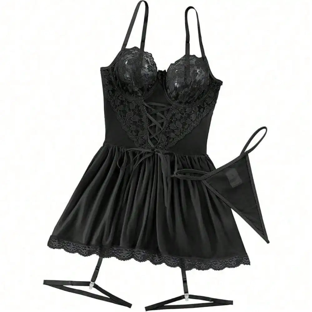 Sexy Garter Belt Mesh Lace Lingerie Dress Set With Thong