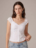 Women Square Neck Tops Botton Down Cap Sleeve Crop Blouse Summer Retro Casual Daily OfficeBack Tie Shirts